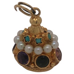 Vintage Hand Crafted Amethyst, Seed Pearl and Turquoise Charm