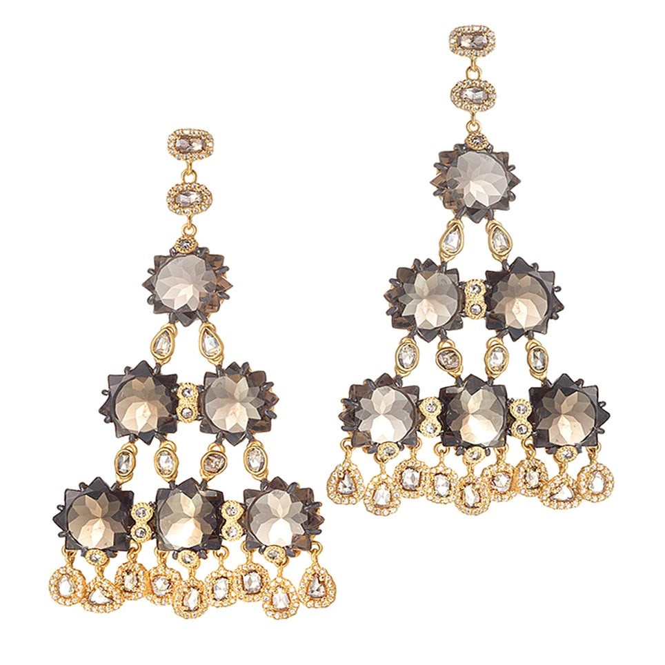 Sagrada Kaleidoscope Earrings with Smokey Quartz and Diamonds For Sale