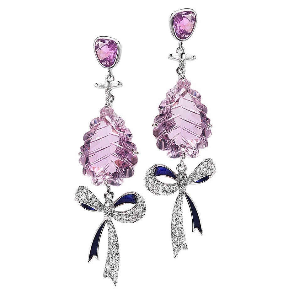 White Gold Bow Earrings with Purple Sapphire, Amethyst, and Diamonds For Sale