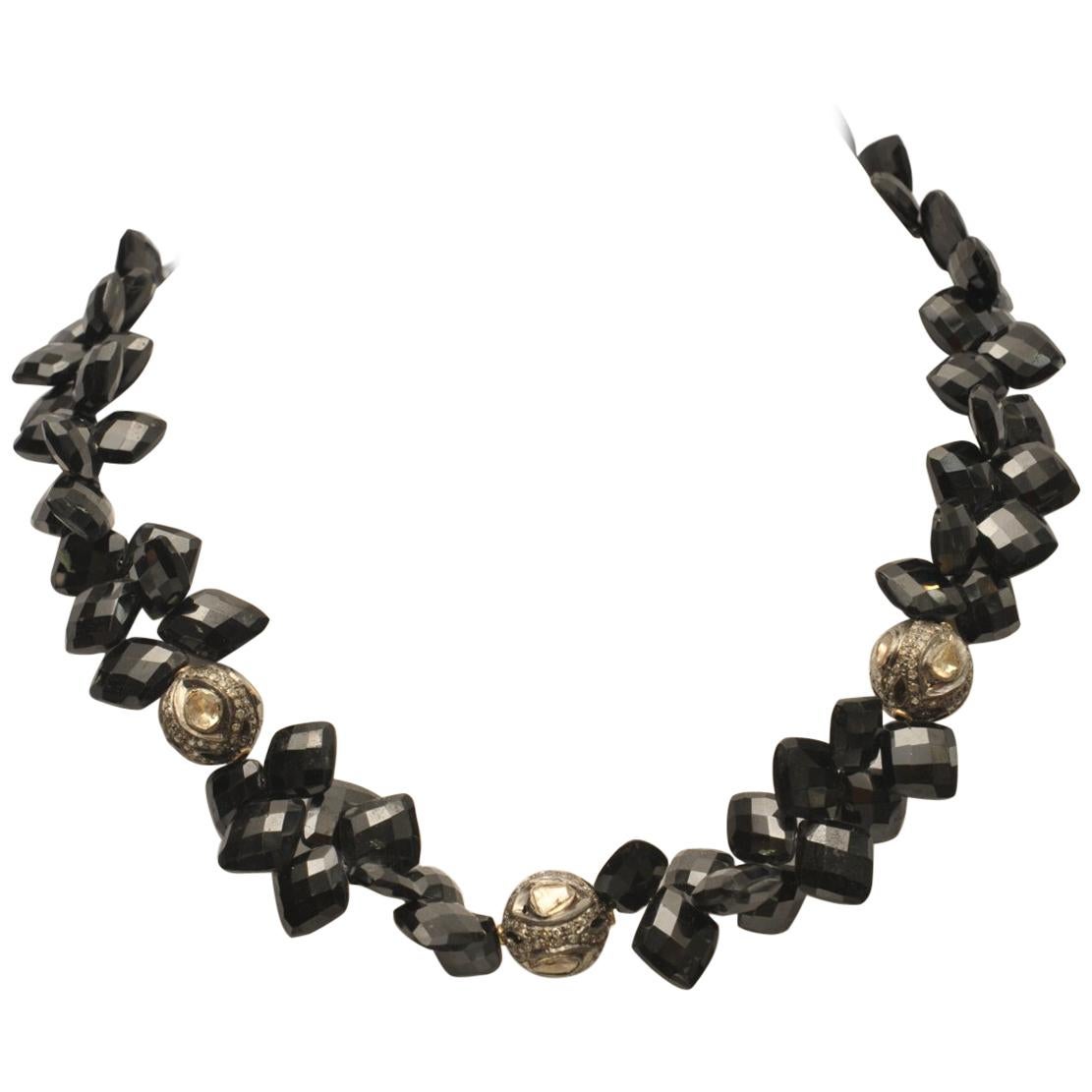 Faceted Black Onyx and Diamond Beaded Necklace by Deborah Lockhart Phillips For Sale