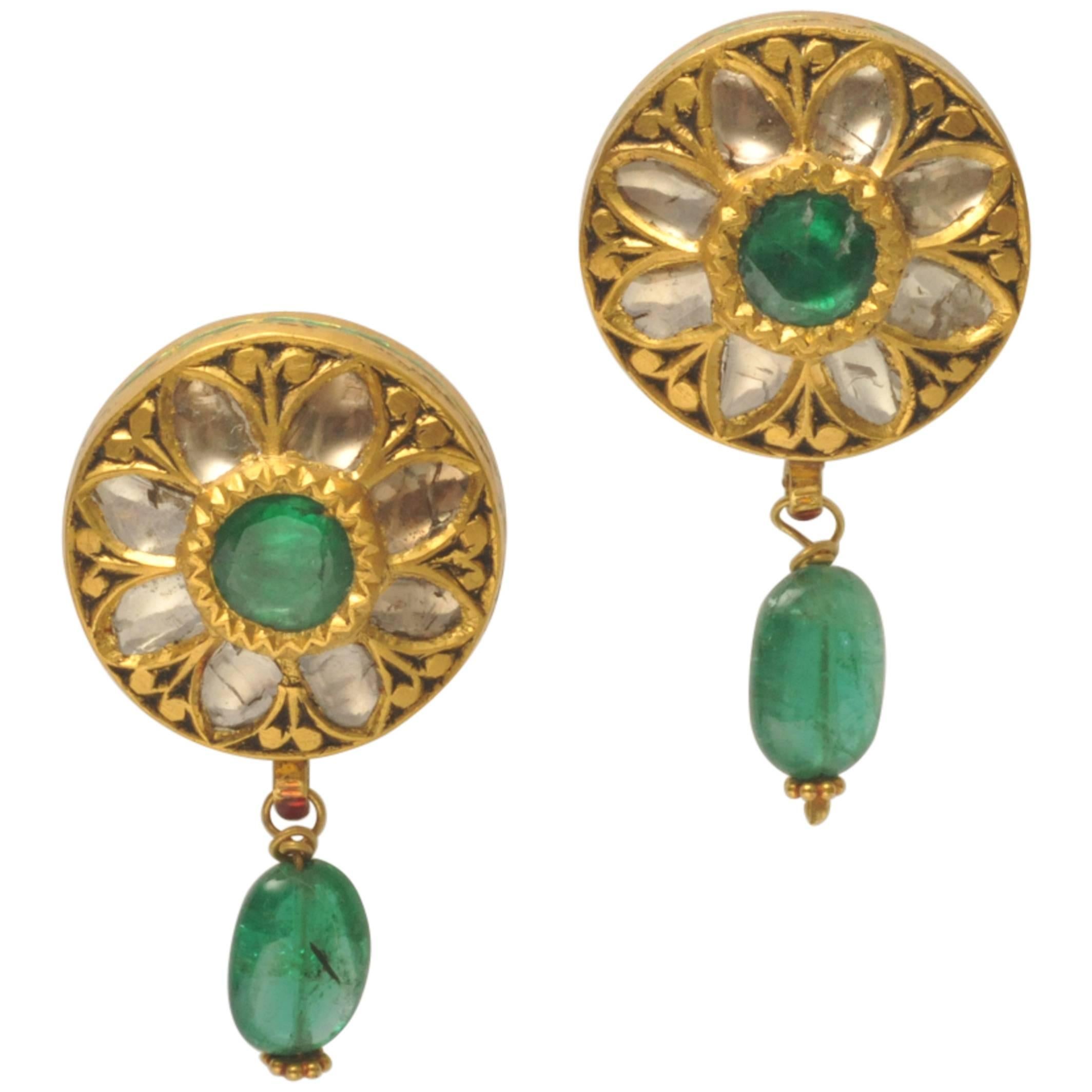 Rare Rosecut Diamonds, Faceted Emerald and 22 Gold Earrings from India, C.1940's