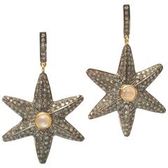 Pave Diamond Moonstone Sterling and Gold Star Earrings