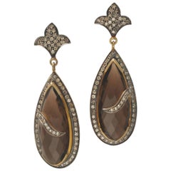 Smokey Quartz Faceted Earrings with Pave' Set Diamonds