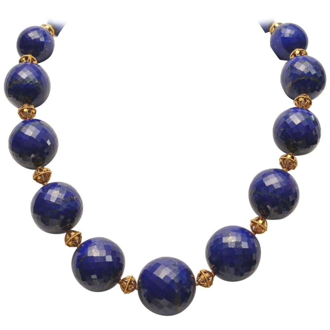 Natural Peacock Blue Faceted Lapis Lazuli Gold Necklace