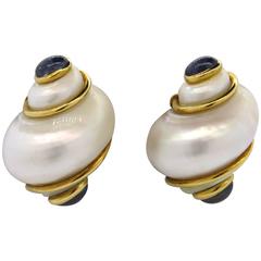 Seaman Schepps Turbo Shell Sapphire Gold Earrings 