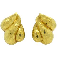 Large Henry Dunay Hammered Gold Earrings 