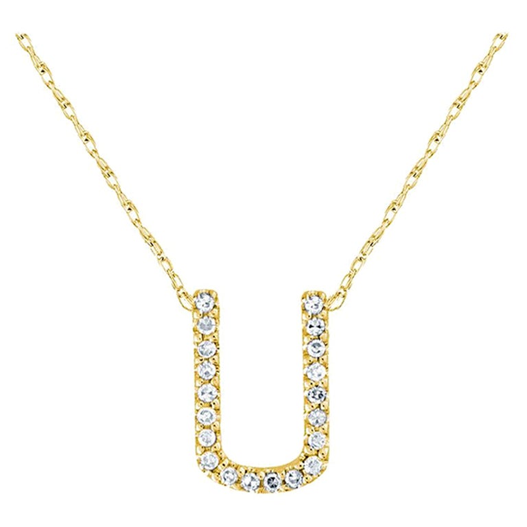 Suzy Levian 0.10 Carat White Diamond 14K Yellow Gold Letter Initial Necklace, U For Sale