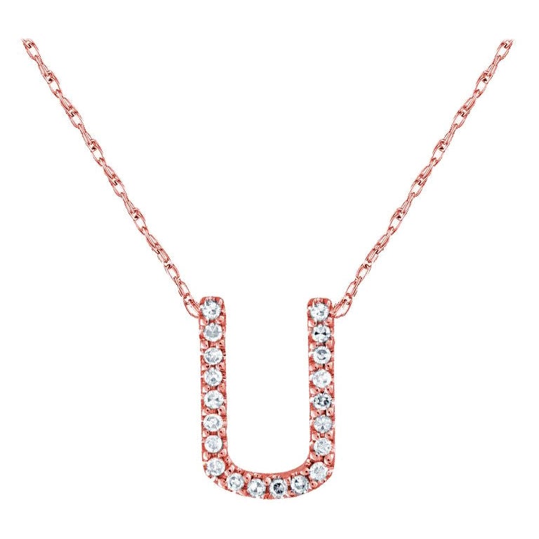 Suzy Levian 0.10 Carat White Diamond 14K Rose Gold Letter Initial Necklace, U For Sale