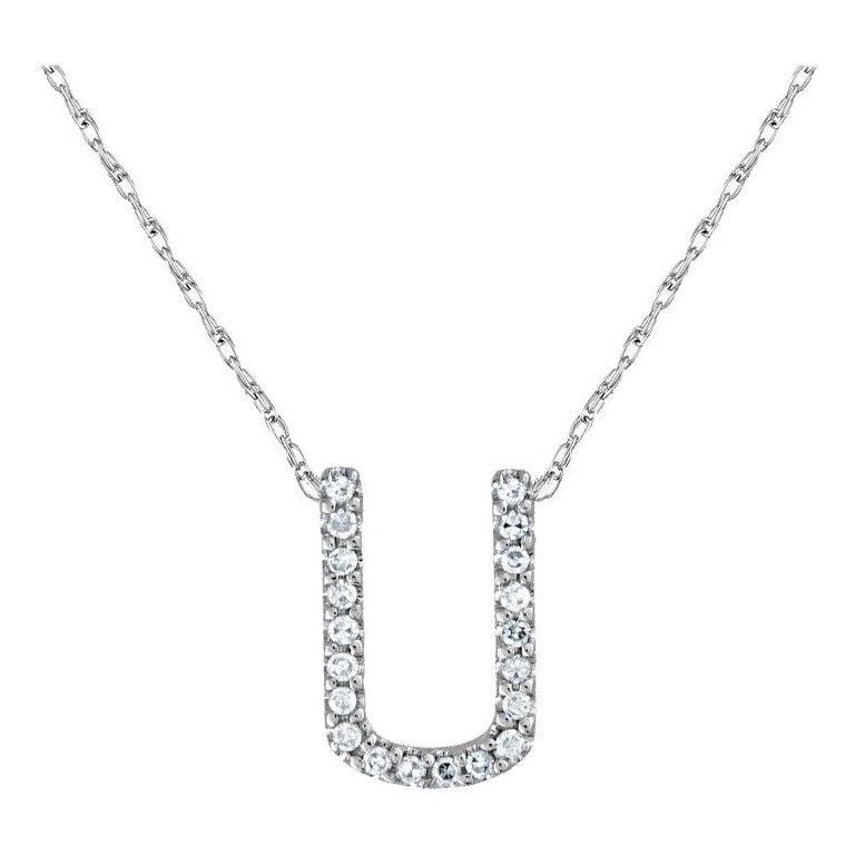 Suzy Levian 0.10 Carat White Diamond 14K White Gold Letter Initial Necklace, U For Sale