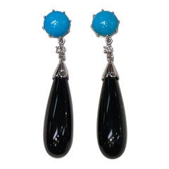 Vintage Turquoise Agate and Diamond Gold Drop Earrings Estate Fine Jewelry