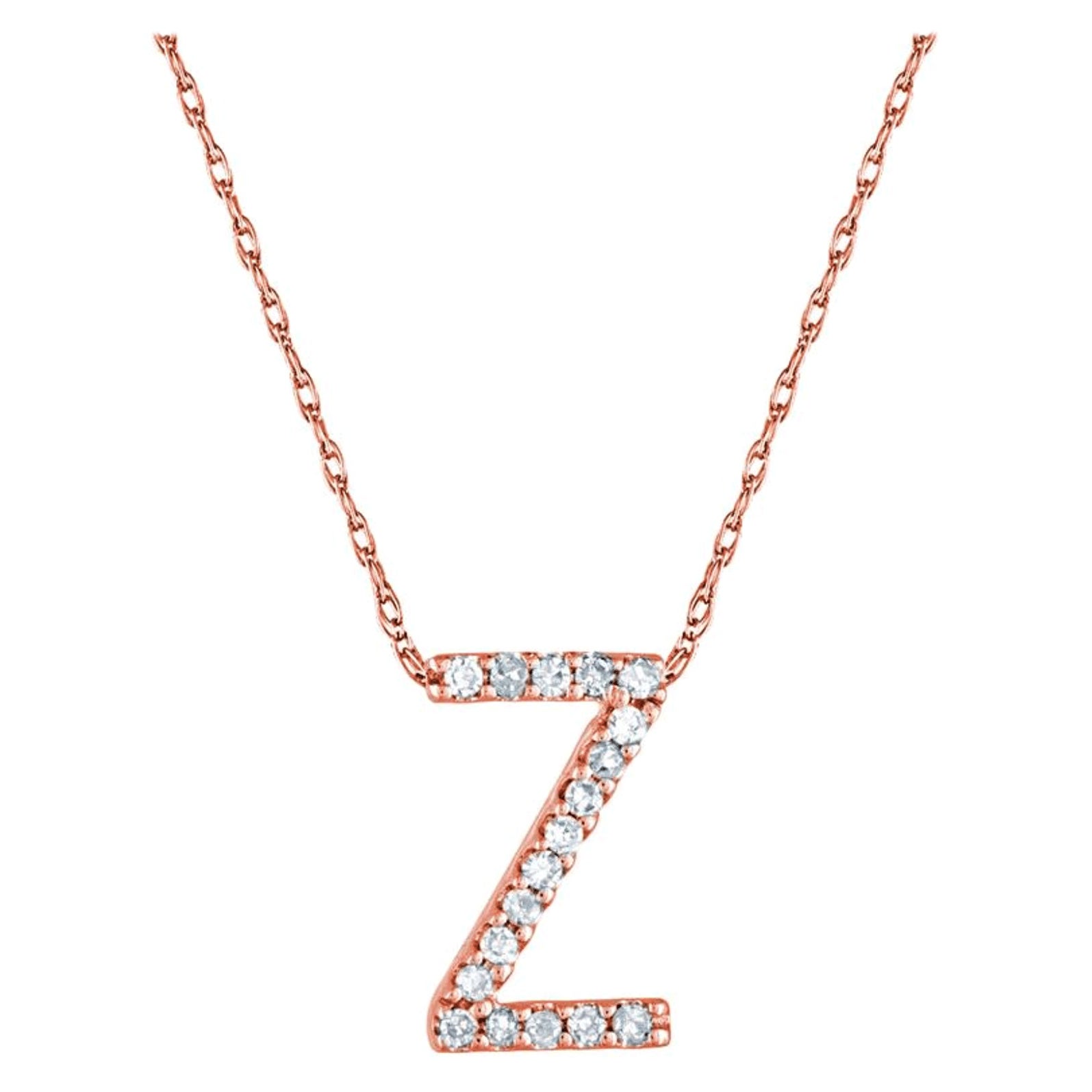 Suzy Levian 0.10 Carat White Diamond 14K Rose Gold Letter Initial Necklace, Z For Sale