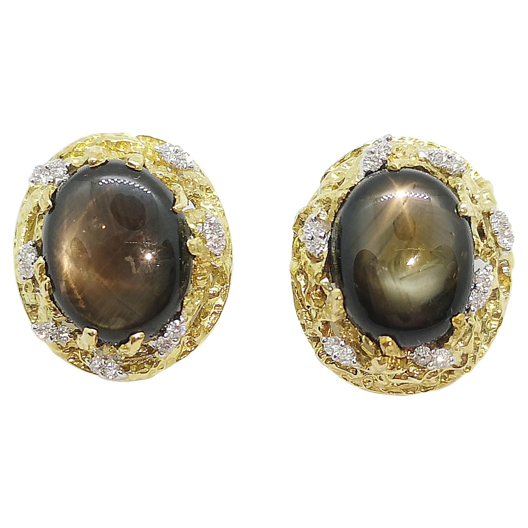 Black Star Sapphire with Diamond  Earrings set in 18 Karat Gold Settings For Sale