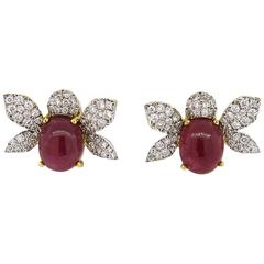 Adorable Chantecler Ruby Diamond Gold Insect Earrings 