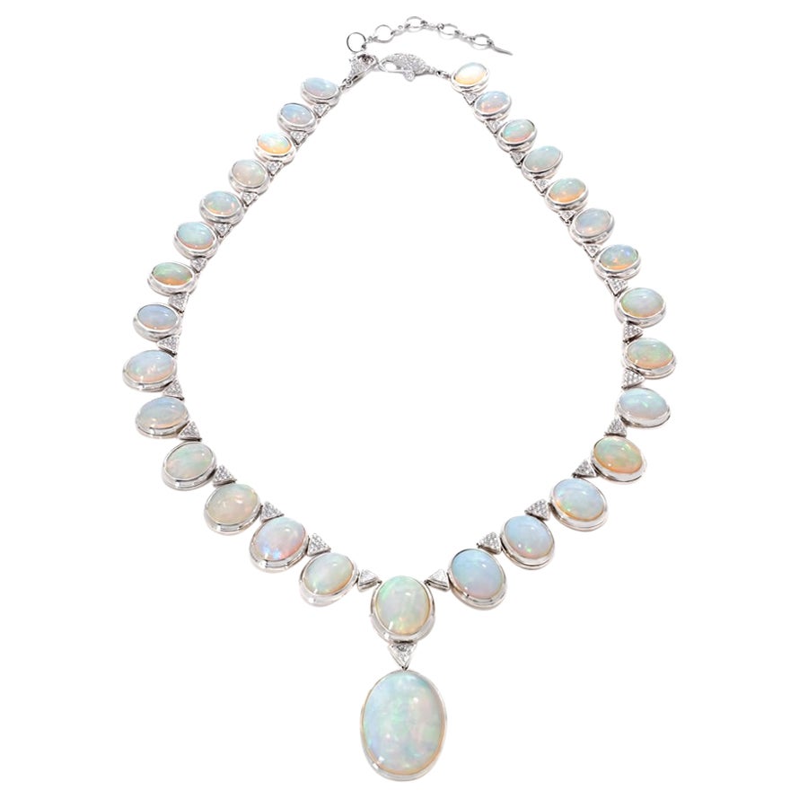 18K White Gold Necklace with 133.13 Carat Ethiopian Opals and Diamonds For Sale