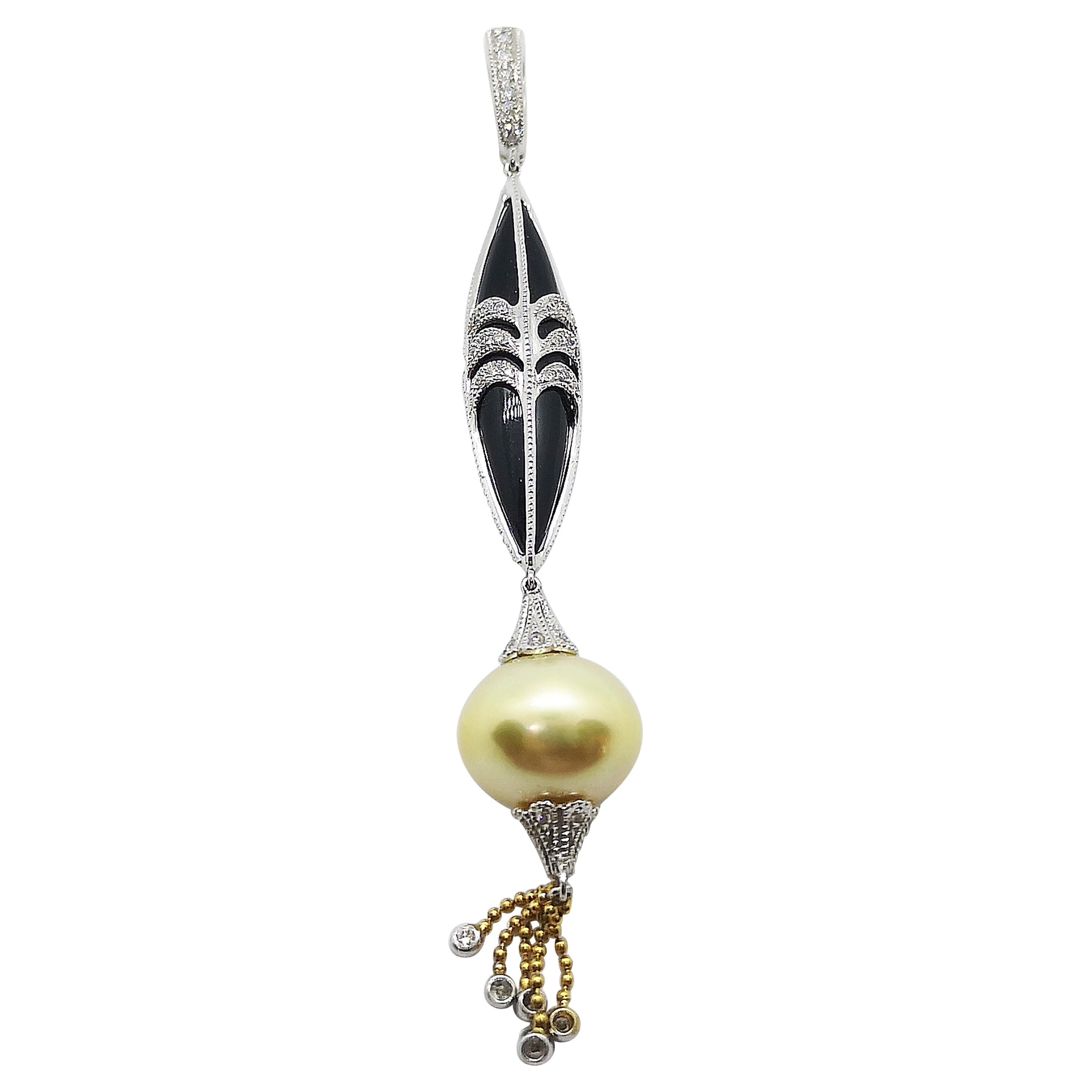 South Sea Pearl with Diamond and Onyx Pendant set in 18 Karat White Gold Setting For Sale