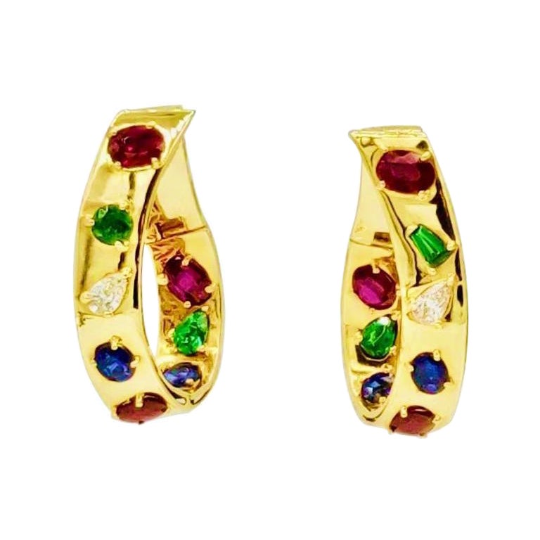 Multicolored Diamond Sapphire Ruby Tsavorite Gold Inside Outside Twisted Hoops For Sale