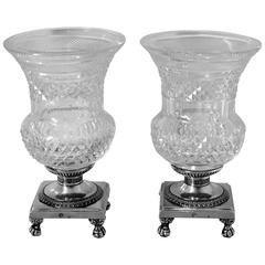 1819 Rare French Sterling Silver Diamond Cut Crystal Vase/Cup Pair Empire period