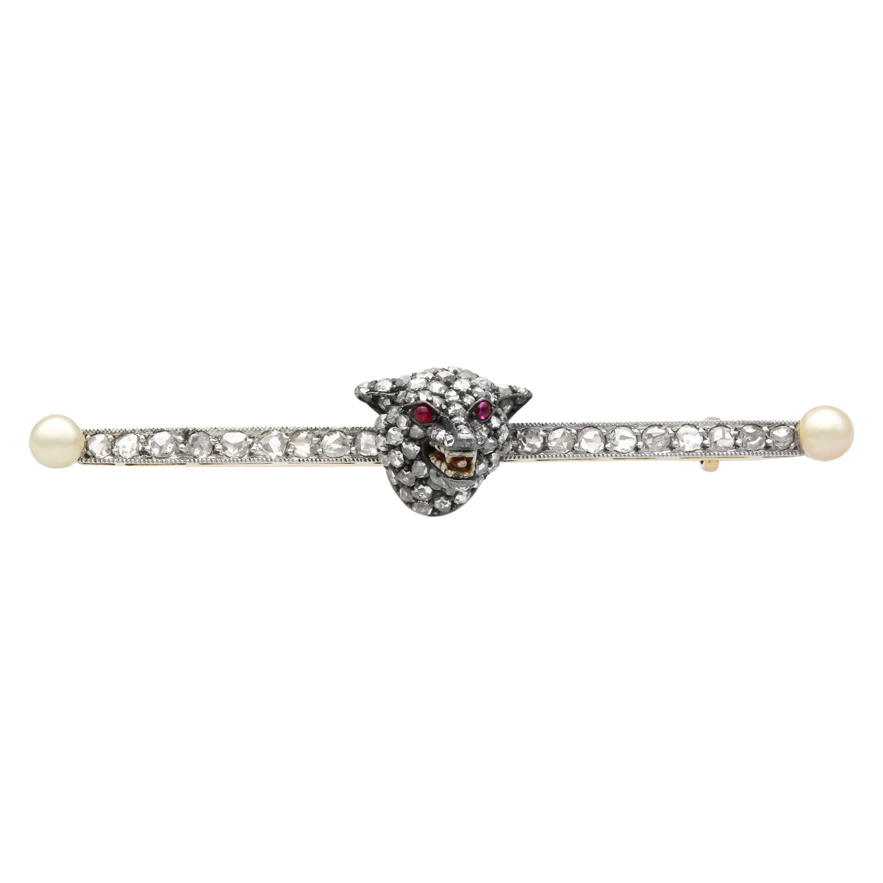 Antique 1.20 Carat Diamond Pearl and Ruby Yellow Gold and Silver Fox Brooch For Sale