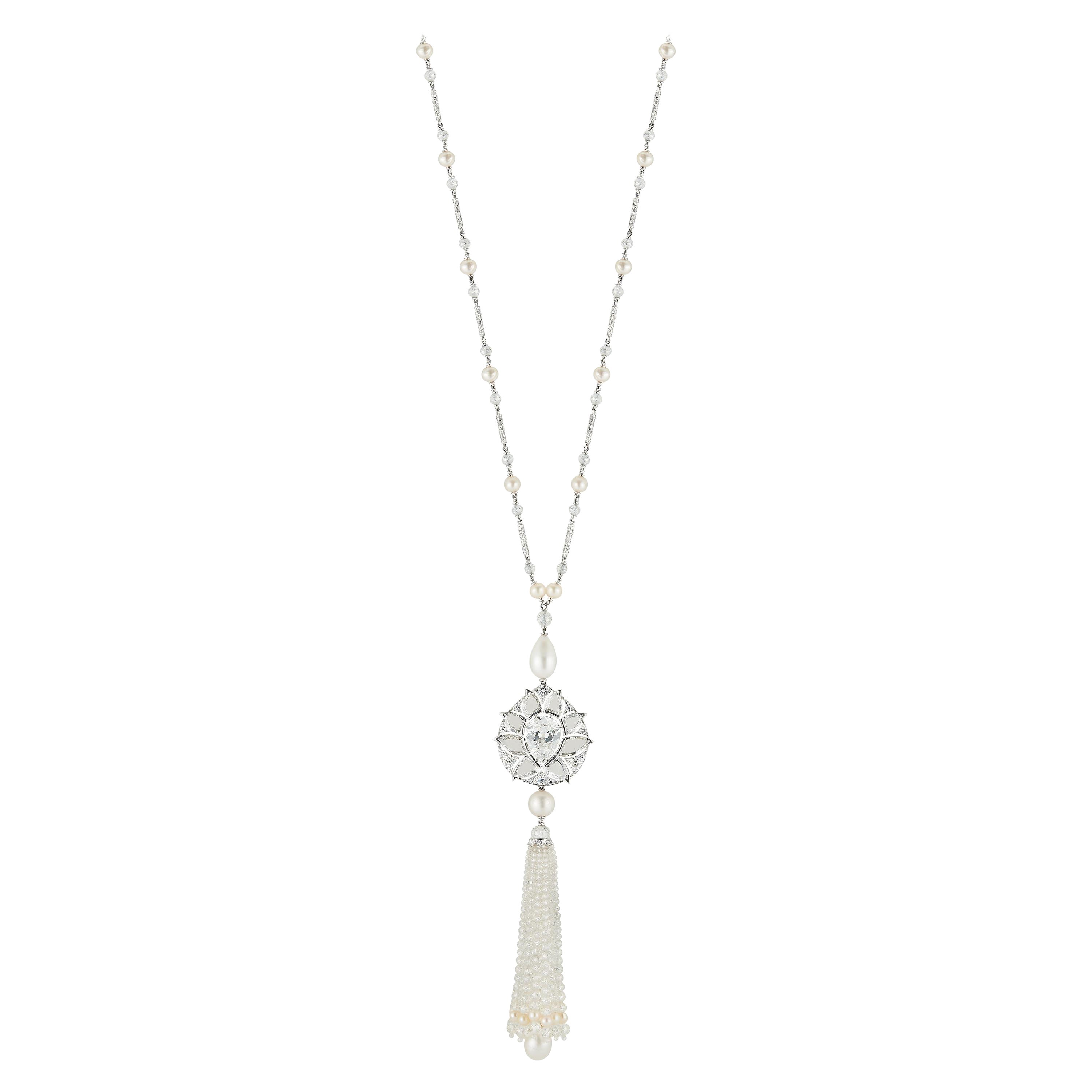 Diamond and Natural Pearl Tassel Sautoir Necklace Masterpiece by Viren Bhagat