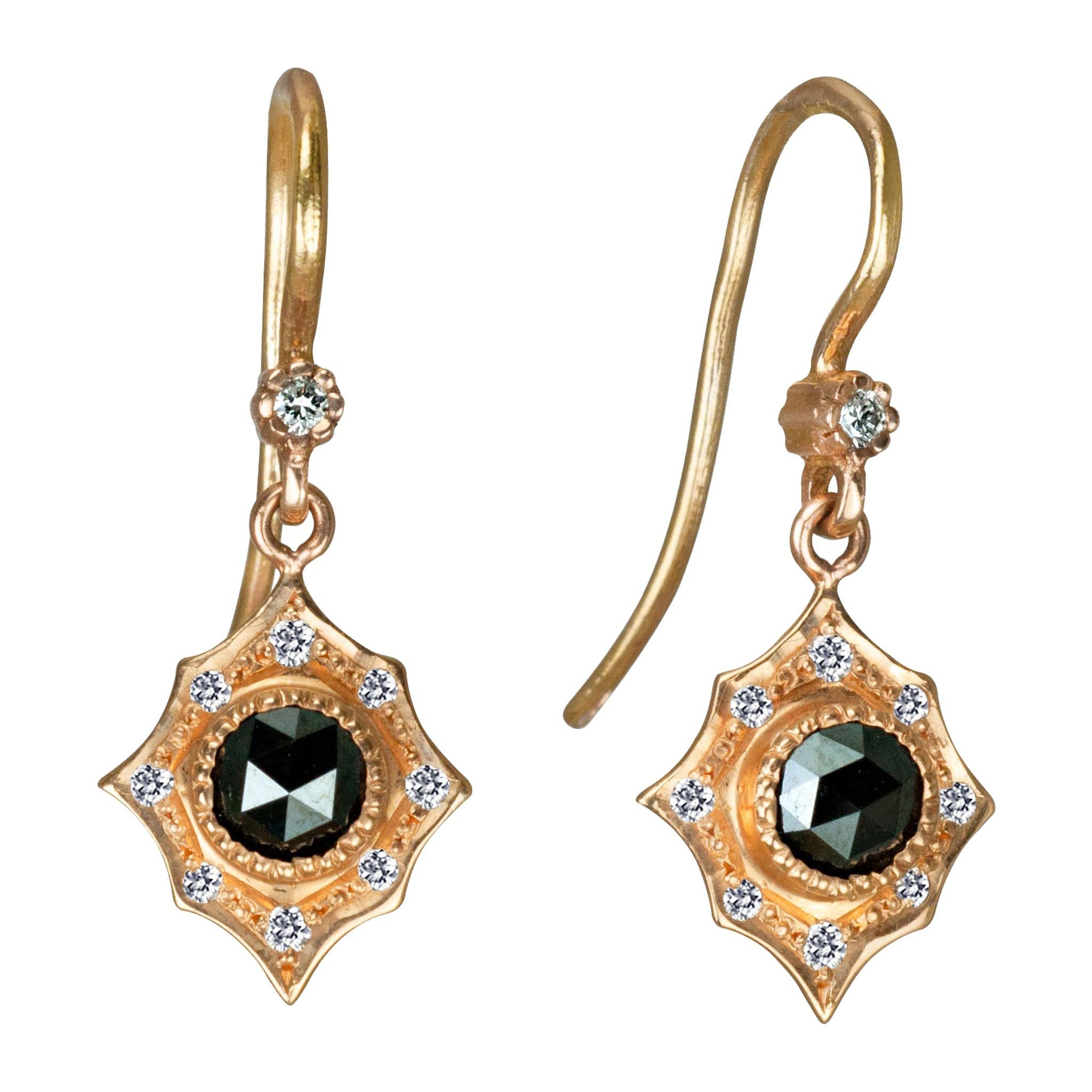 Black Rose Cut Diamond and 14 Karat Rose Gold Earrings Suneera For Sale