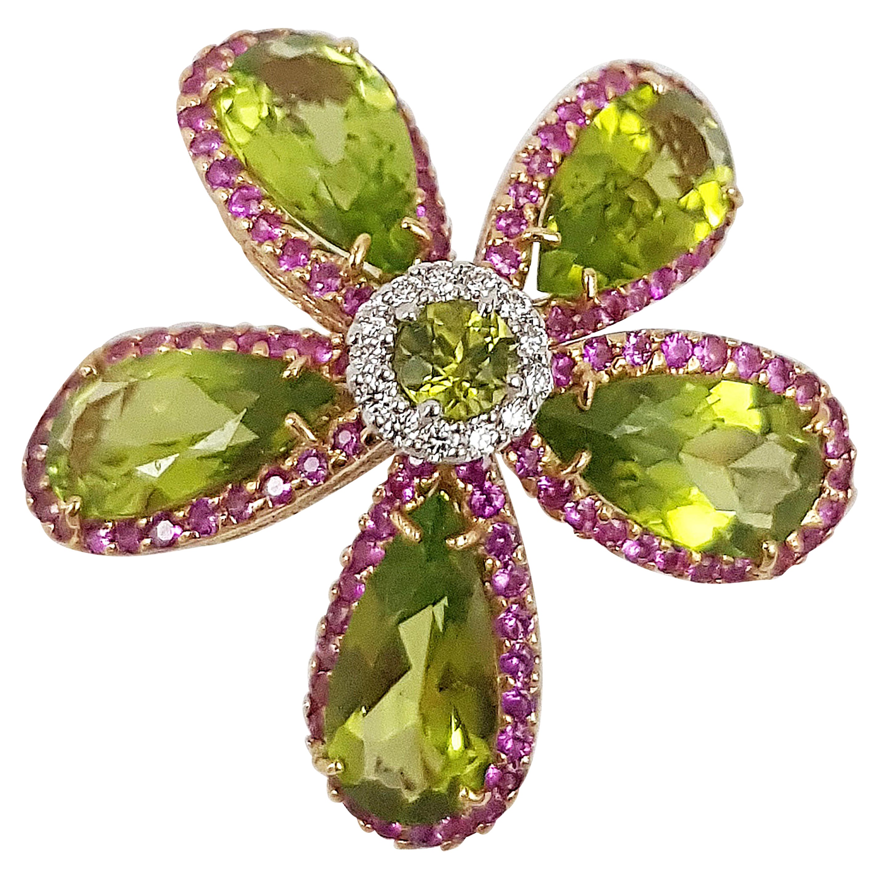 Peridot with Pink Sapphire and Diamond Flower Rings Set in 18 Karat White Gold For Sale