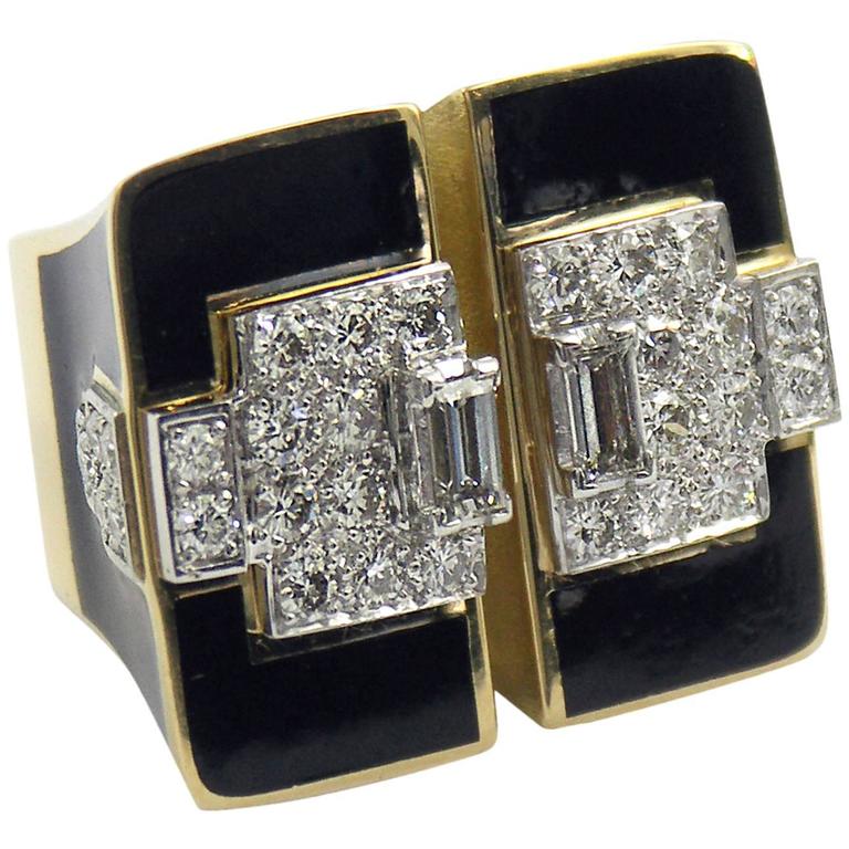 Large Art Deco Inspired Ring with Black Enamel and Diamonds For Sale at