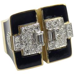 Large Art Deco Inspired Ring with Black Enamel and Diamonds