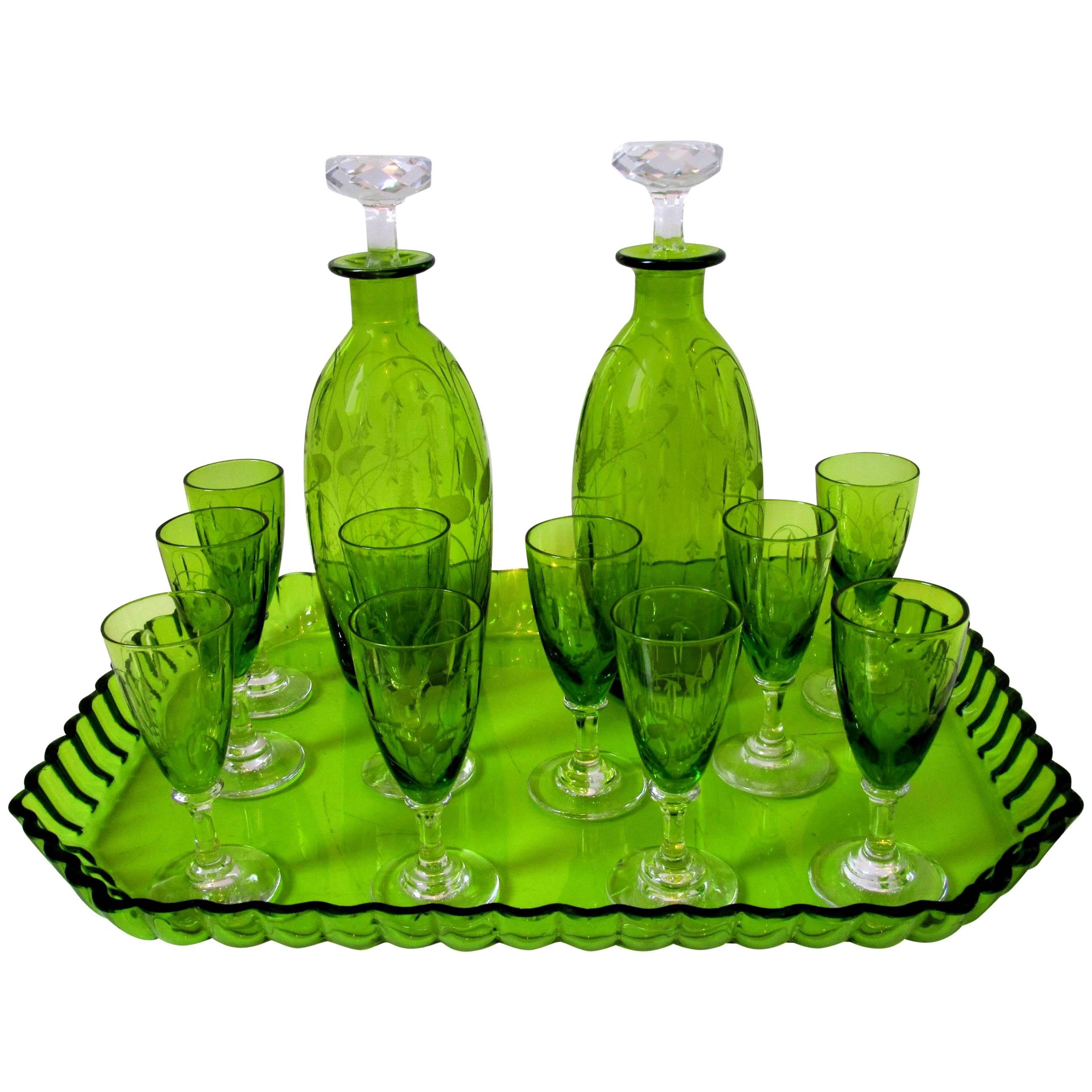 1900s St. Louis French Green Cut Crystal Liquor Set - Decanter Cordials and Tray For Sale