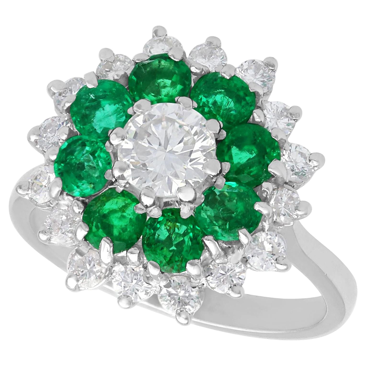 Vintage 1.23 Carat Diamond and Emerald White Gold Cocktail Ring, Circa 1970 For Sale