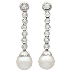 1.10 Carat Diamond and Cultured Pearl Platinum and White Gold Drop Earrings