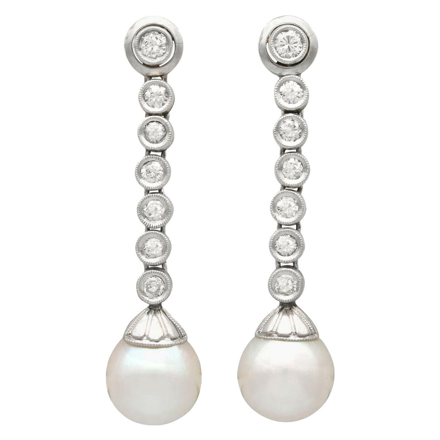 1.10 Carat Diamond and Cultured Pearl Platinum and White Gold Drop Earrings