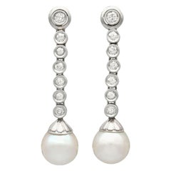 Vintage 1.10 Carat Diamond and Cultured Pearl Platinum and White Gold Drop Earrings
