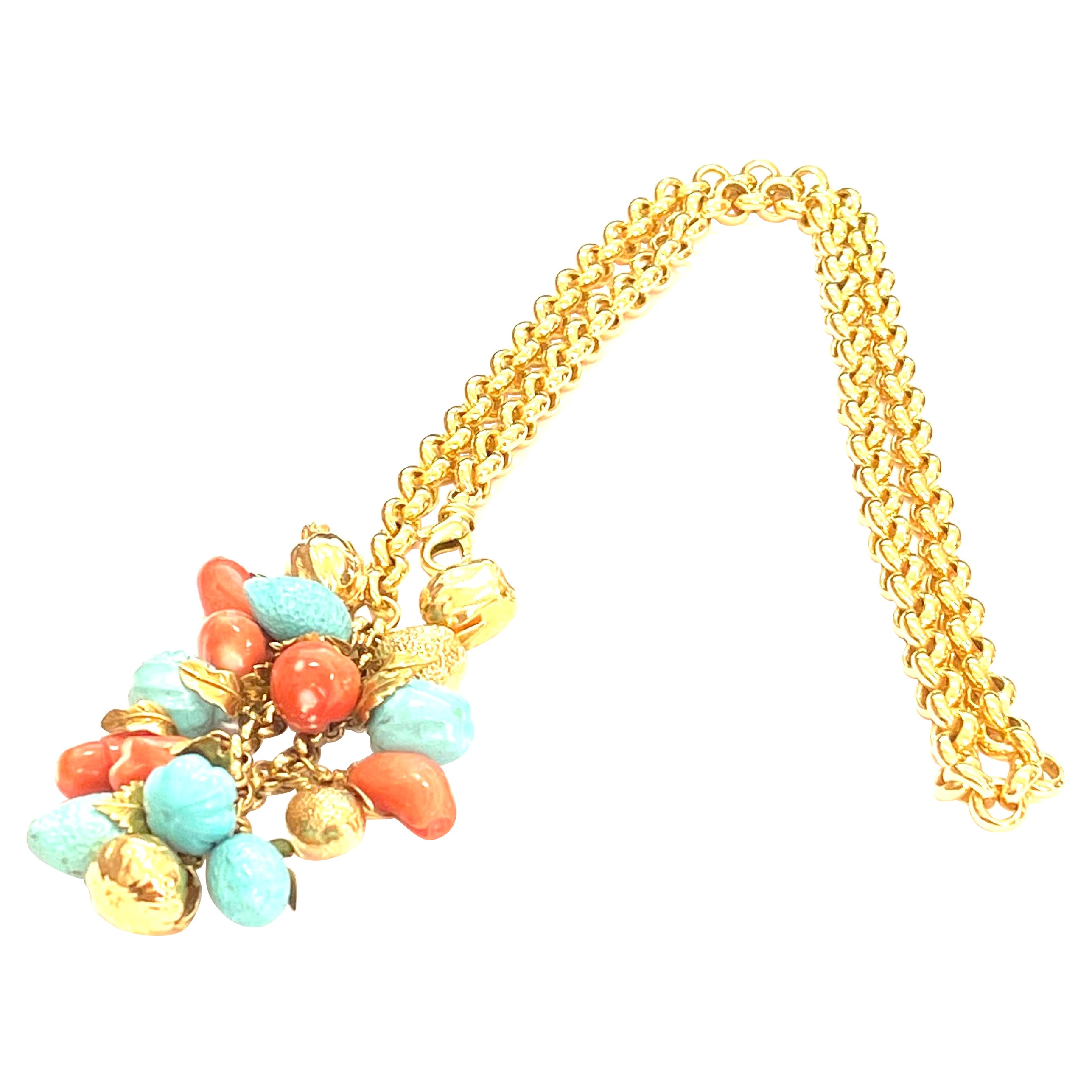 Turquoise and Coral 18 Karat Yellow Gold Fruit Necklace For Sale