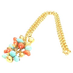 Turquoise and Coral 18 Karat Yellow Gold Fruit Necklace