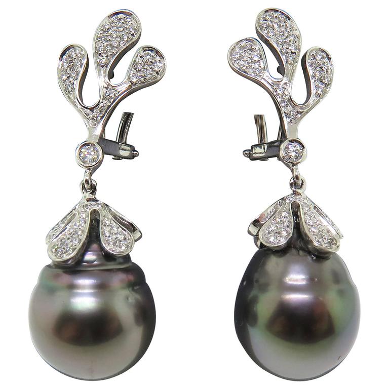 Black Pearl Diamonds Drop Earrings For Sale at 1stDibs
