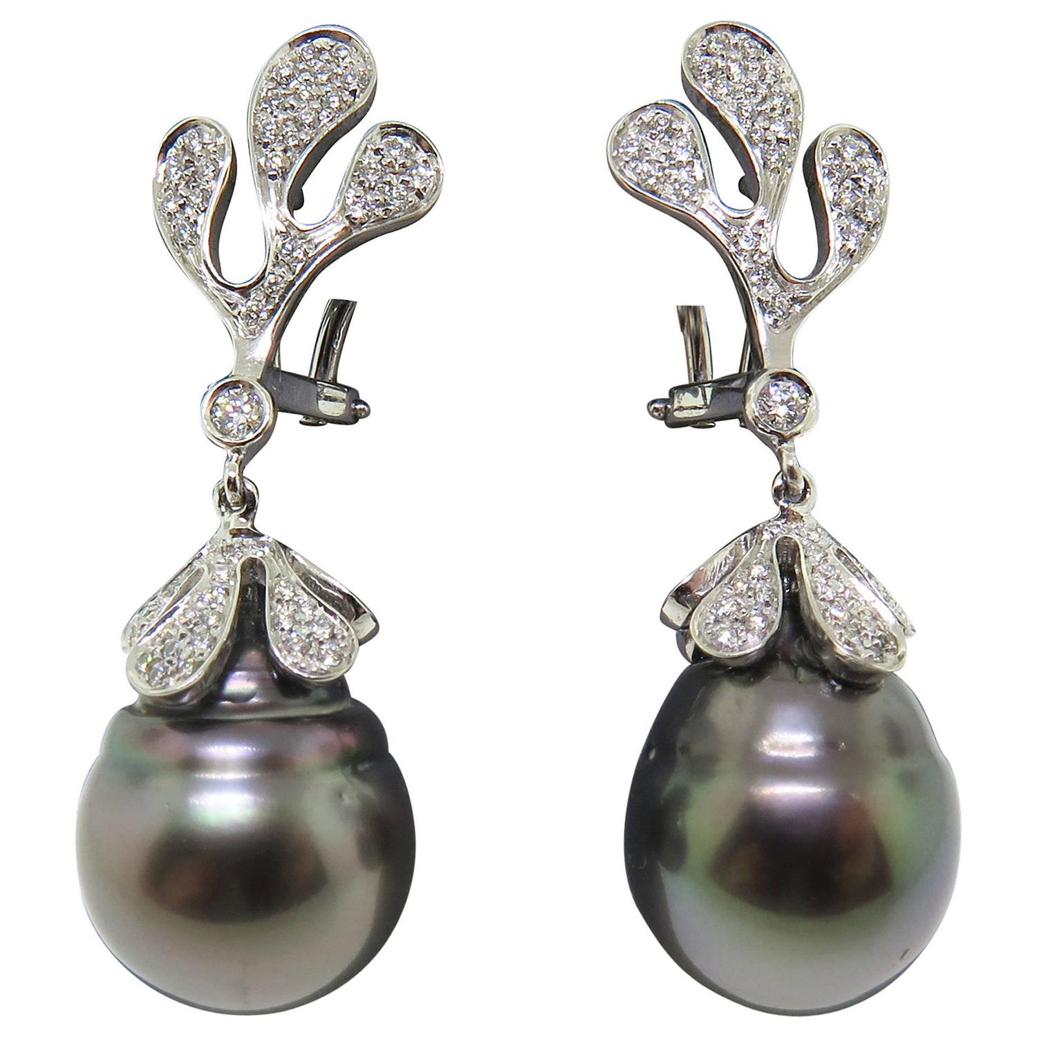 Black Pearl Diamonds Drop Earrings For Sale at 1stdibs