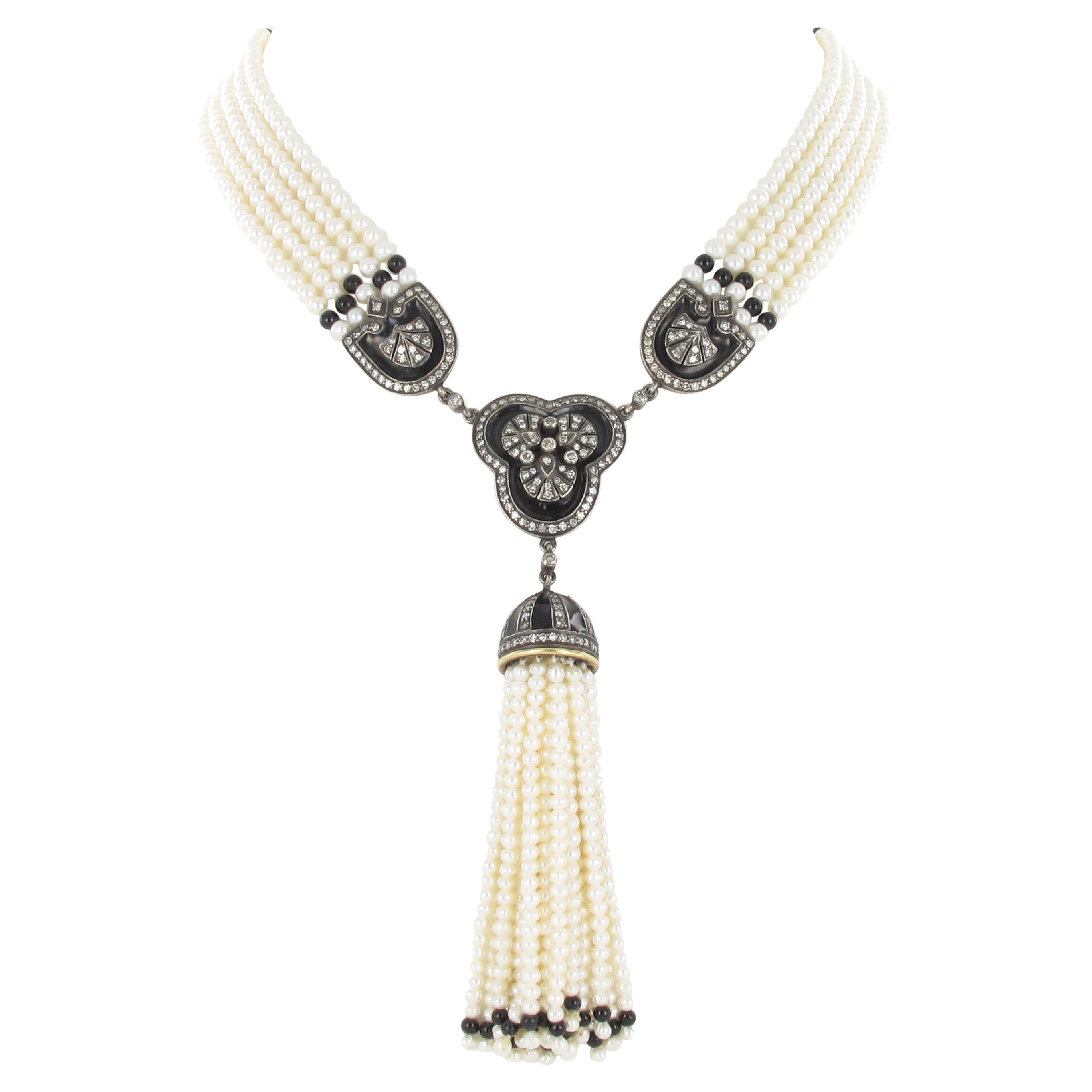 Decorative 5-Strand Cultured Pearl Necklace with Diamonds in Silver-Topped Gold