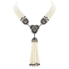Decorative 5-Strand Cultured Pearl Necklace with Diamonds in Silver-Topped Gold