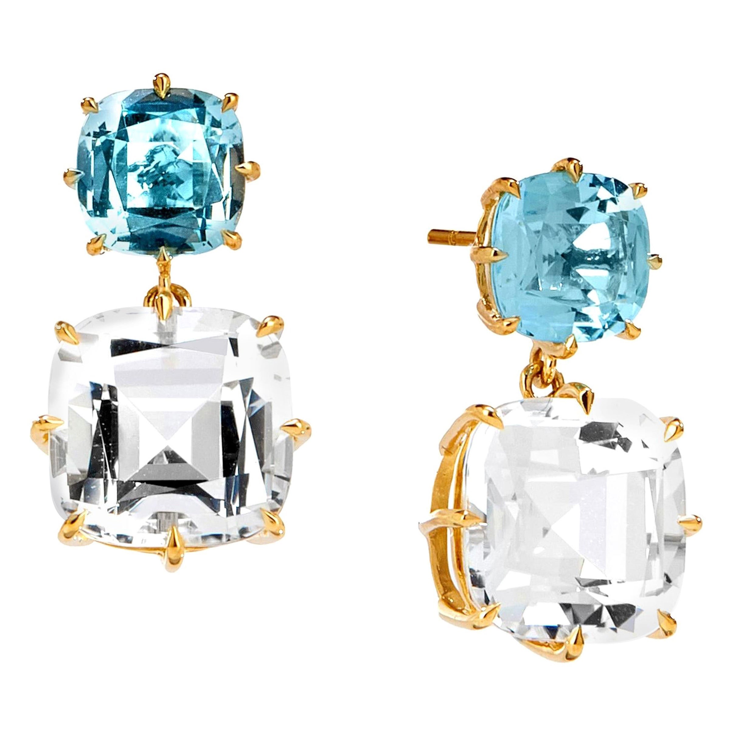 Syna-Ohrringe aus Gelbgold mit blauem Topas und Bergkristall im Kissenschliff