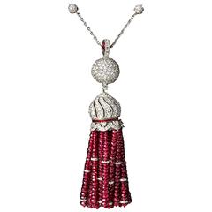 Fabulous Burma Ruby Diamond Gold Tassel Necklace