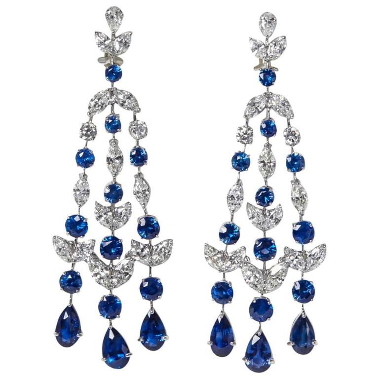 Sapphire Diamond Platinum Chandelier Earrings For Sale at 1stdibs