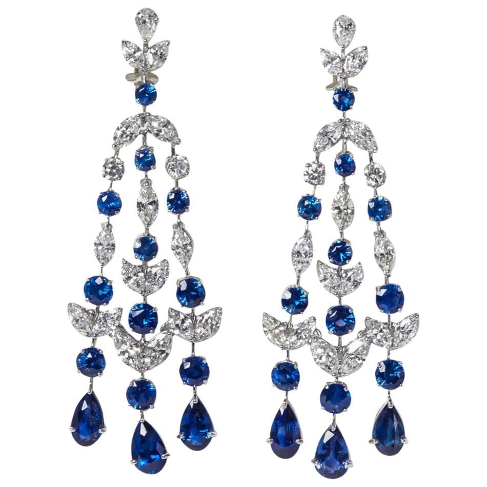 Sapphire Diamond Platinum Chandelier Earrings For Sale