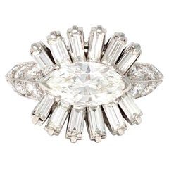 French Platinum Marquise Diamond Cocktail Ring, Circa 1950
