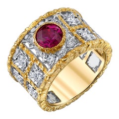 1.68 Carat Ruby Diamond White Yellow Gold Florentine Wide Band Ring