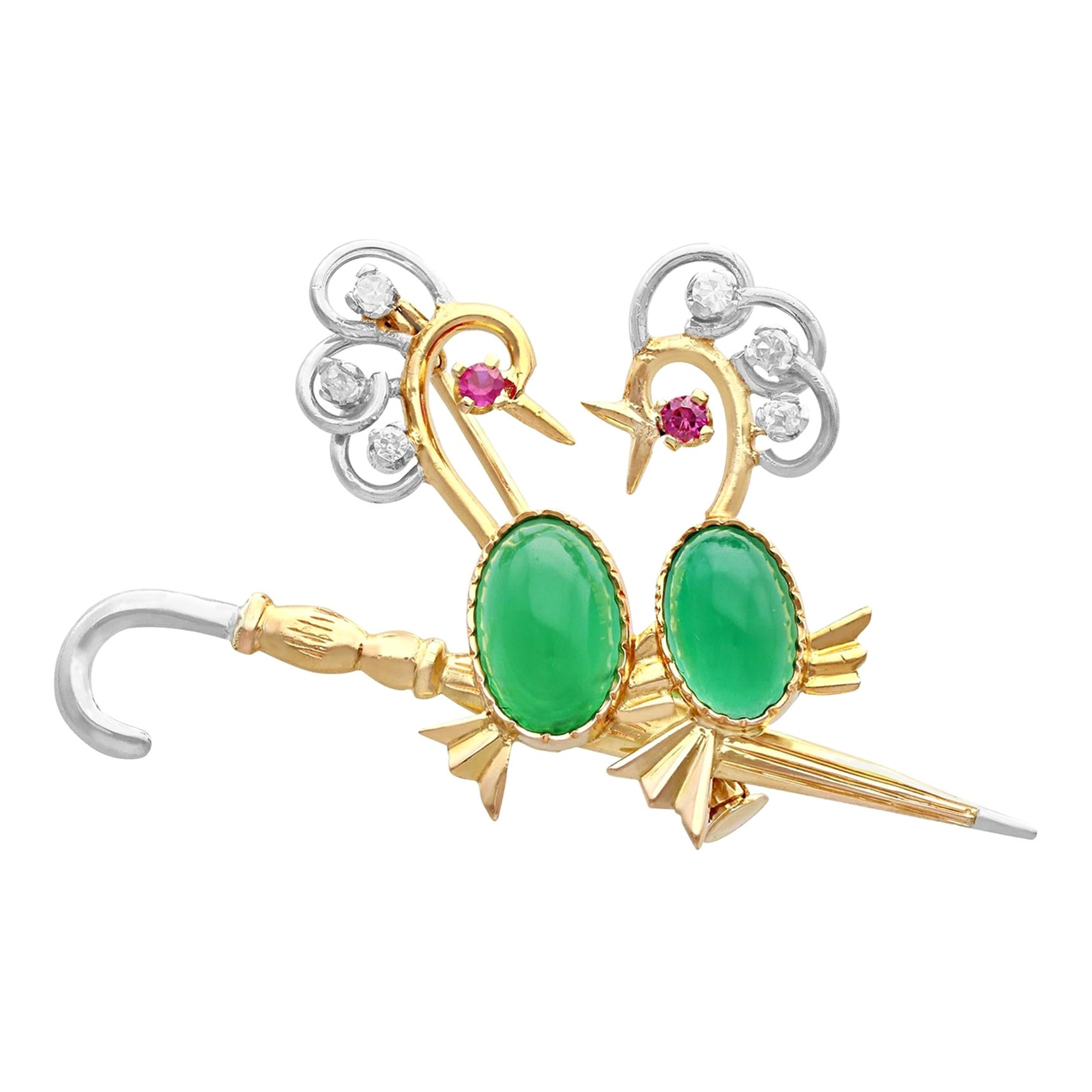 2.71 Carat Cabochon Cut Chrysoprase Diamond and Ruby 18k Yellow Gold Brooch For Sale