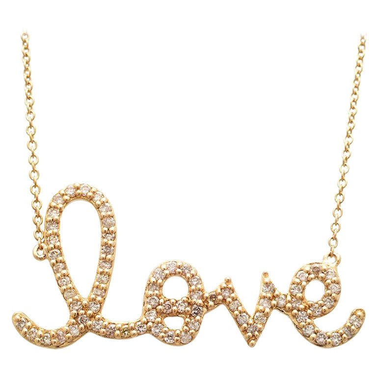14k Large Yellow Gold and Diamond Love Script Necklace Sydney Evan For Sale