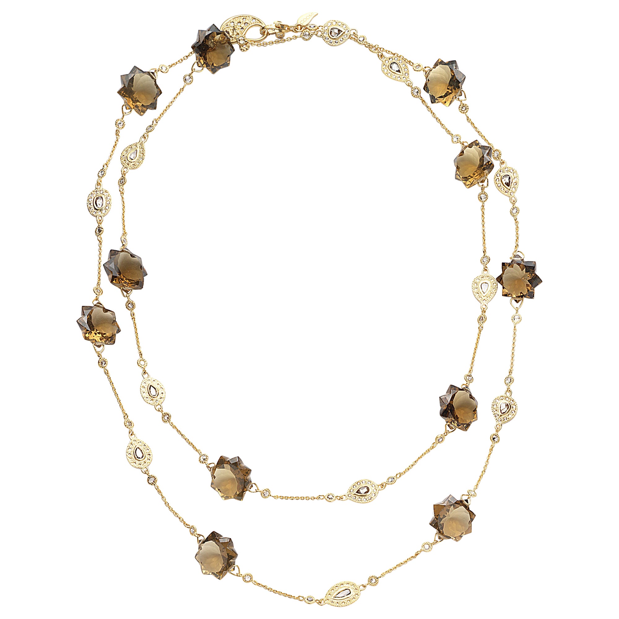 Long collier étoile de mer en or jaune 20 carats avec quartz cognac et diamants