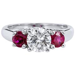 GIA Certified Diamond and Burma Ruby Three Stone Ring