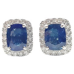 Blue Sapphire with Diamond Earrings set in 18 Karat White Gold Settings
