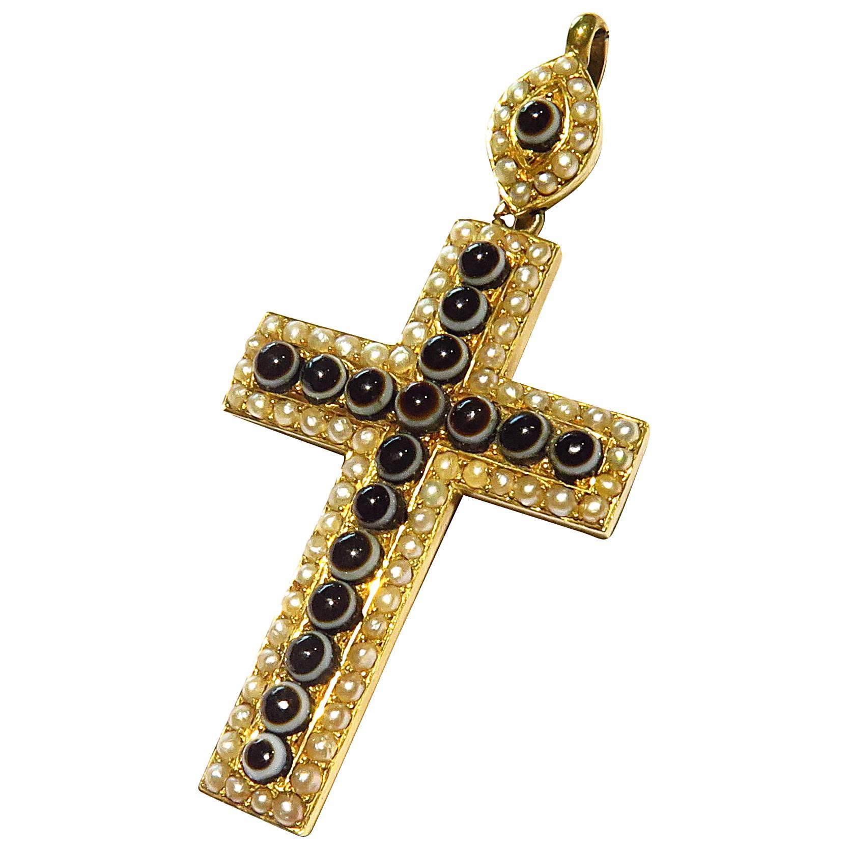 Exquisite Large Victorian Banded Agate Natural Pearl Gold Cross Charm Pendant For Sale